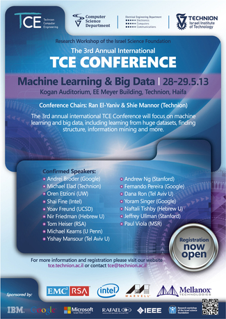 הכנס השנתי הבינלאומי השלישי להנדסת מחשבים בטכניון בנושא: Machine Learning & Big Data
(שימו לב לשינוי במיקום הכנס לאולם צ'רציל בטכניון).