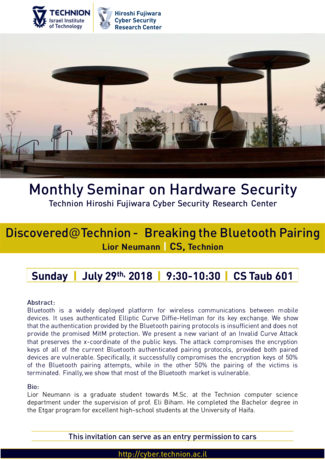 Hardware Security Seminar: Discovered@Technion --  Breaking the Bluetooth Pairing